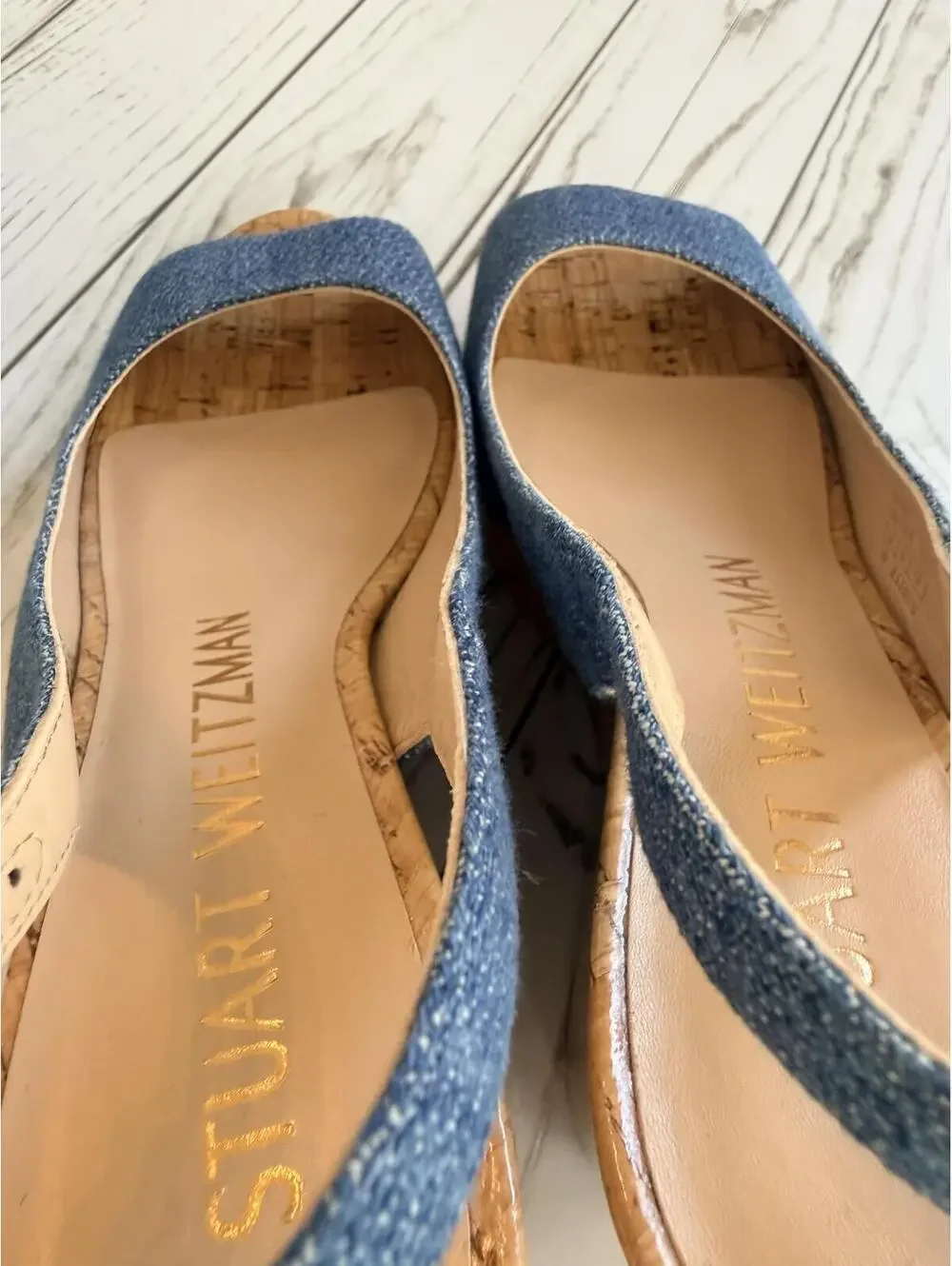 Stuart Weitzman Women's Size 6 Jean Denim Cork Wedge Peep Toe Slingback Sandals - Picture 13 of 15